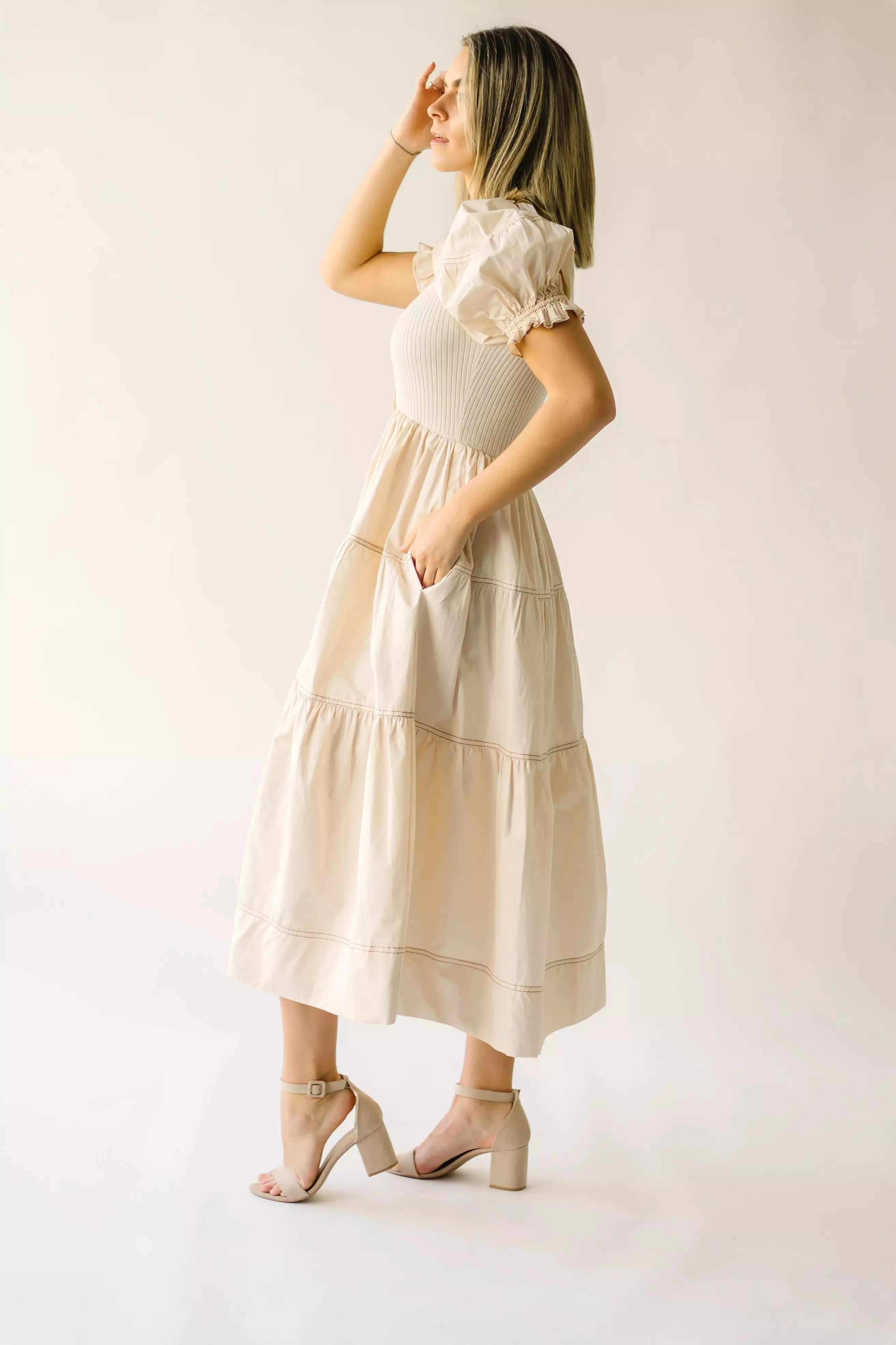 The Kora Tiered Ruffle Midi Dress in Natural