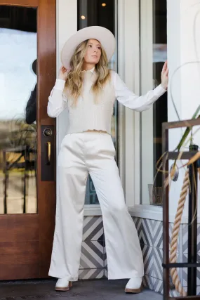 The Marley Cream Satin Wide Leg Pants with Belt