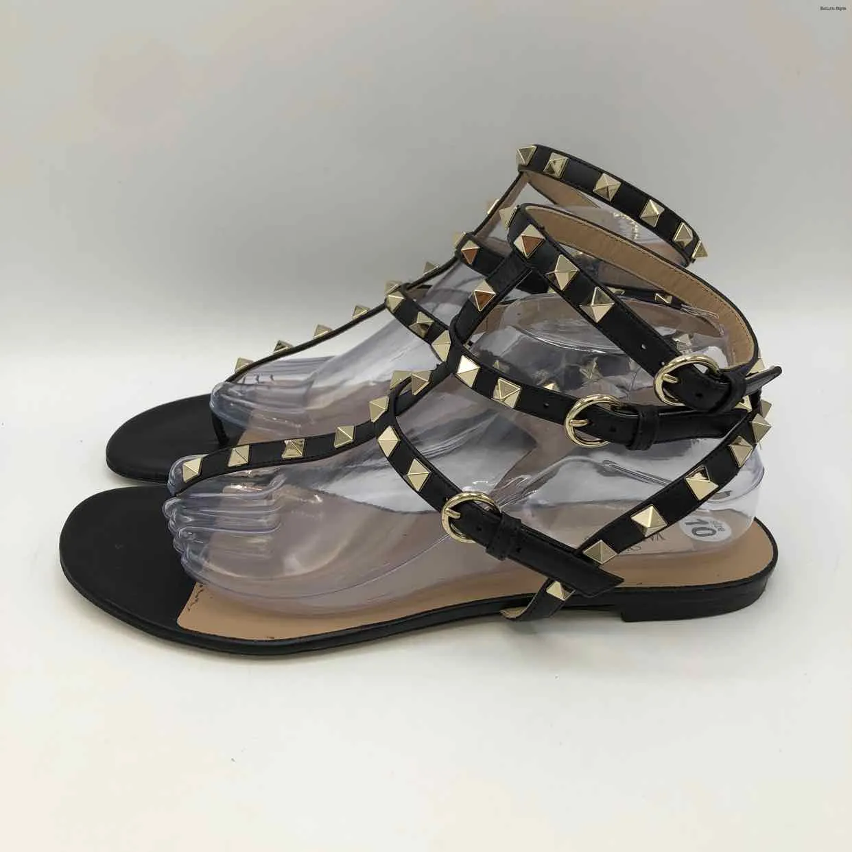 VALENTINO Black Leather Italian Made Pyramid Studded Sandal Shoes