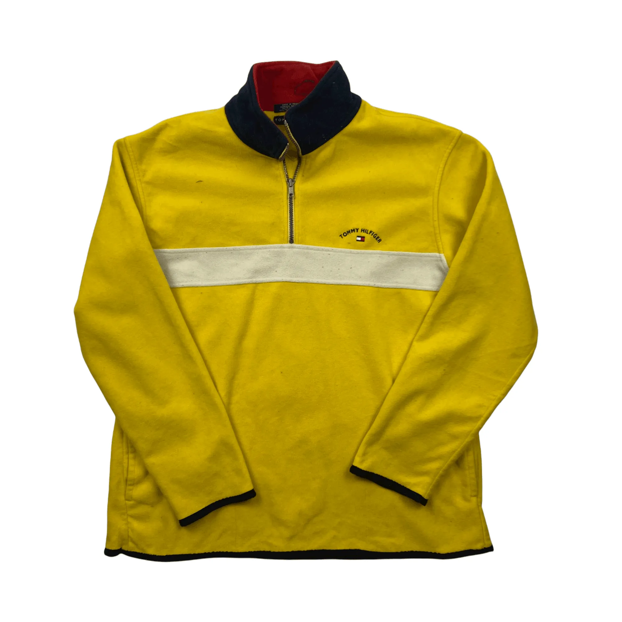 Vintage 90s Yellow + White Tommy Hilfiger Spell-Out Quarter Zip Fleece - Large