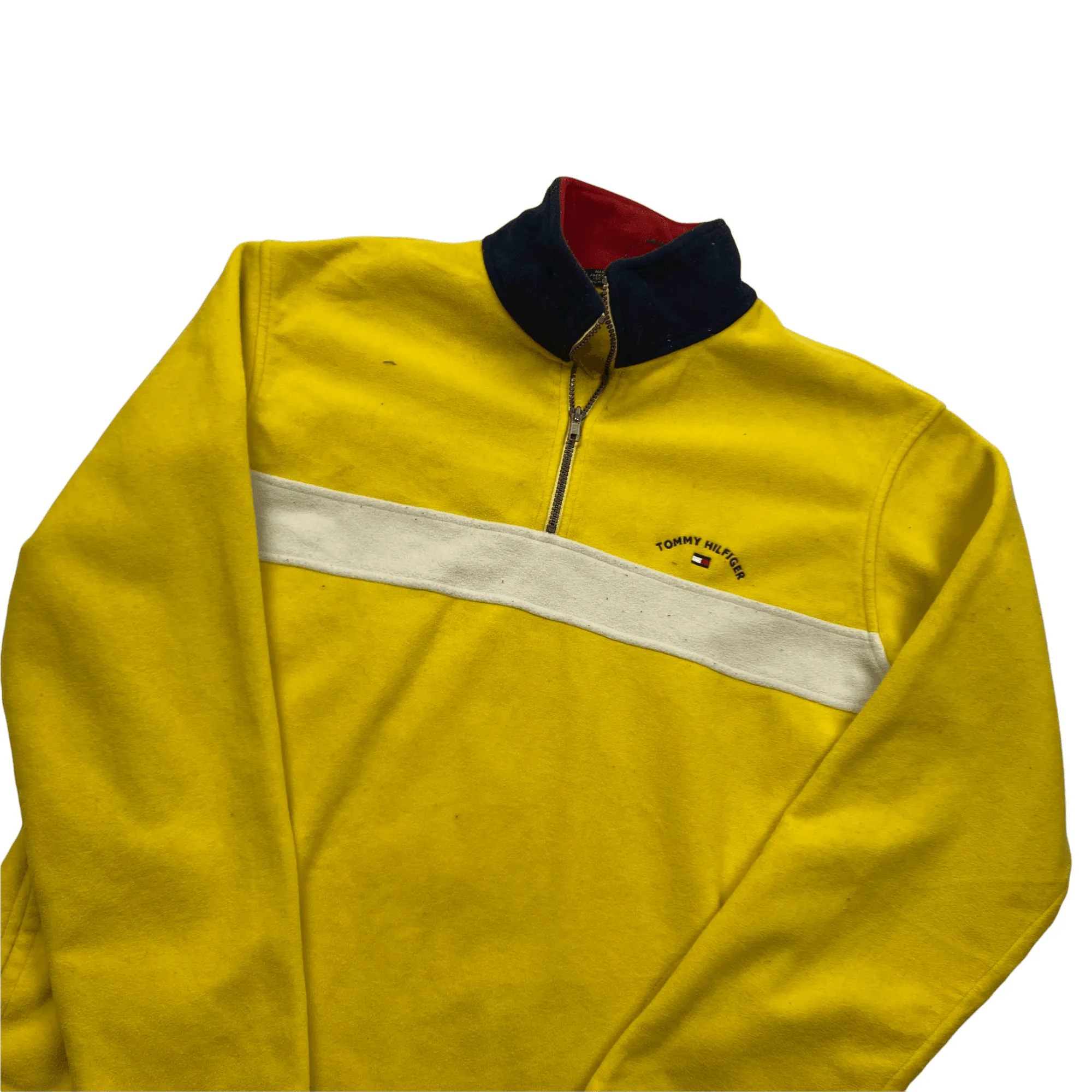 Vintage 90s Yellow + White Tommy Hilfiger Spell-Out Quarter Zip Fleece - Large