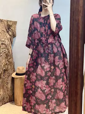 Women Summer Vintage Flower Ramie Loose Dress SC1020