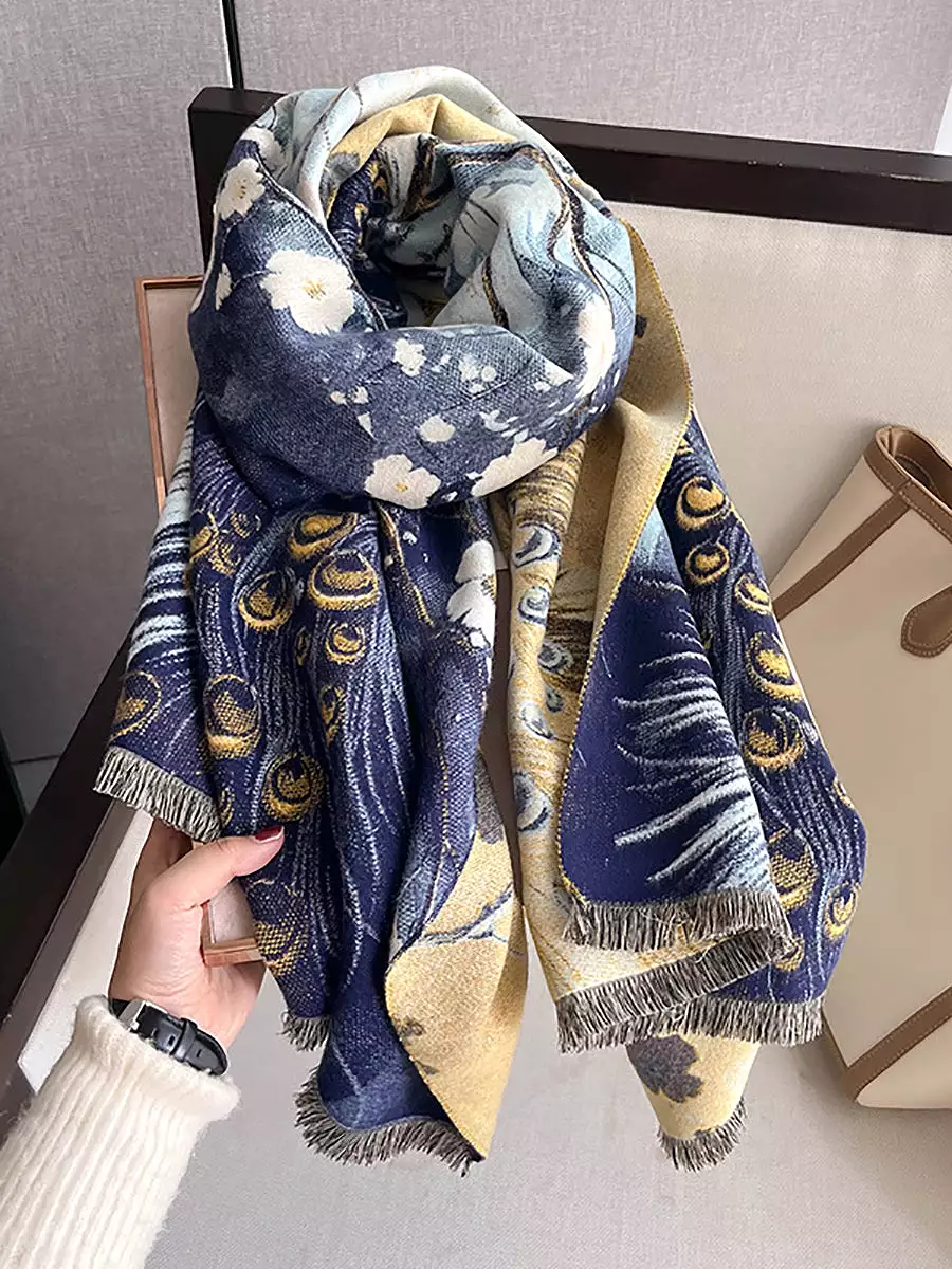 Women Vintage Flower Peacock Tassel Scarf