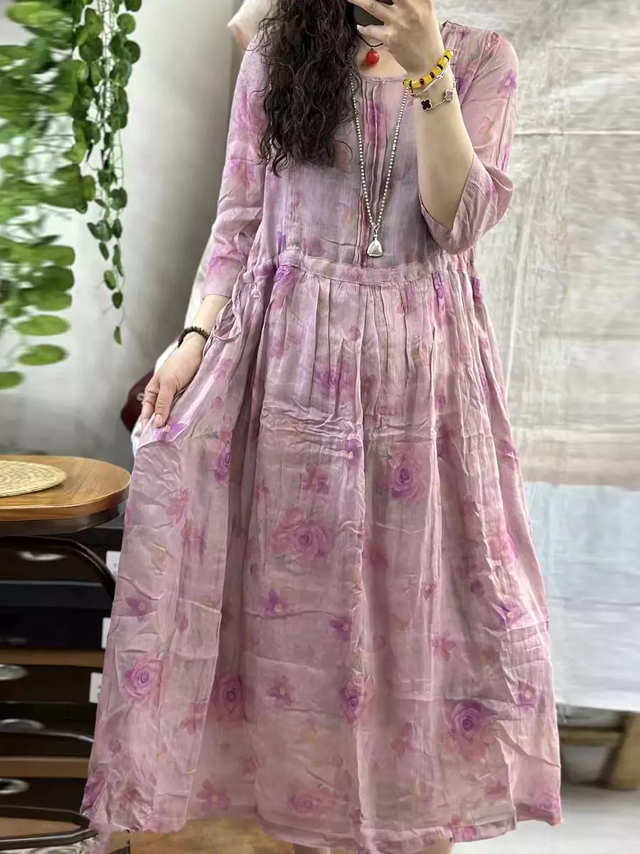 Women Vintage Flower Shirred Ramie Summer Loose Dress KL1004