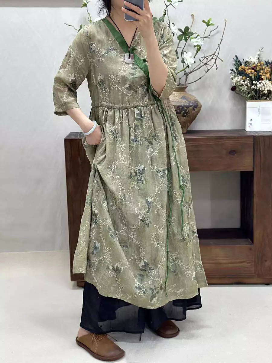 Women Vintage Flower Spliced Linen Dress CO1002