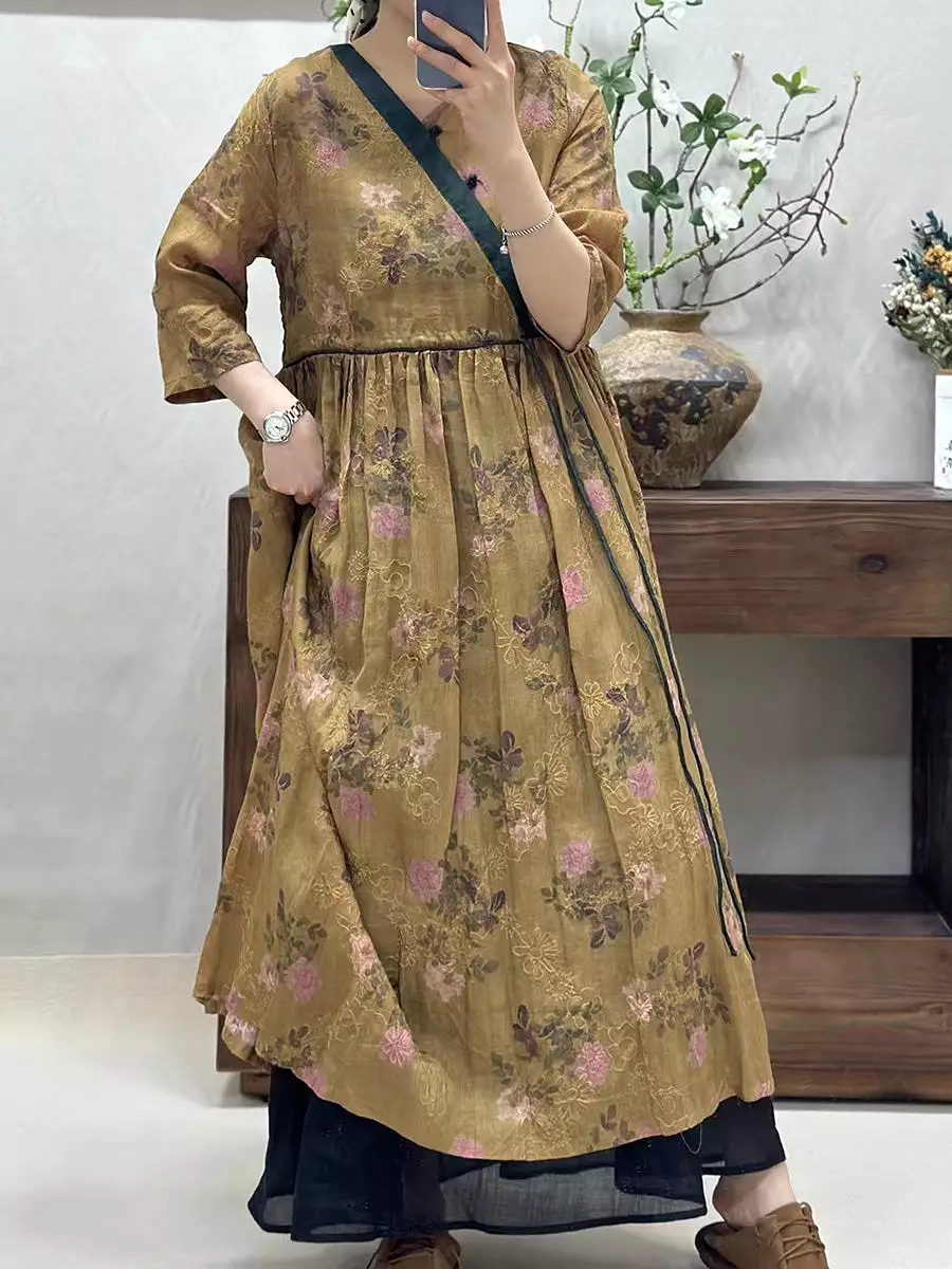 Women Vintage Flower Spliced Linen Dress CO1002