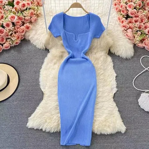 Women's Sheath Dress Slit Dress Casual Square Neck Short Sleeve Solid Color Maxi Long Dress Daily