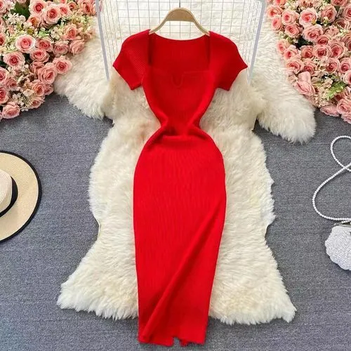 Women's Sheath Dress Slit Dress Casual Square Neck Short Sleeve Solid Color Maxi Long Dress Daily