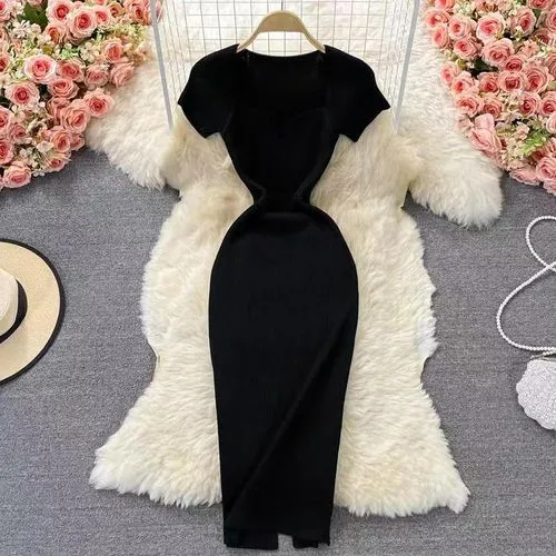 Women's Sheath Dress Slit Dress Casual Square Neck Short Sleeve Solid Color Maxi Long Dress Daily