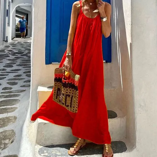 Women's Strap Dress Casual Sleeveless Solid Color Maxi Long Dress Travel