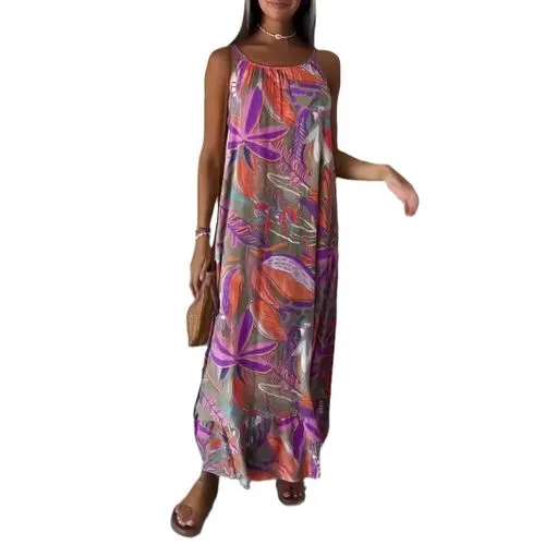 Women's Strap Dress Streetwear Strap Printing Sleeveless Printing Maxi Long Dress Holiday